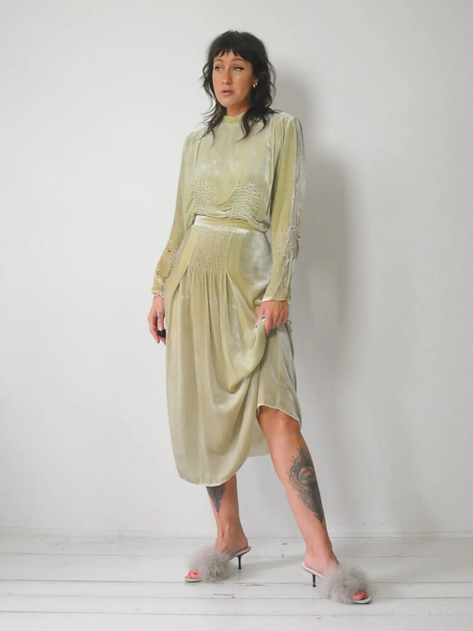 1920's/30's Pear Green Velvet Dress