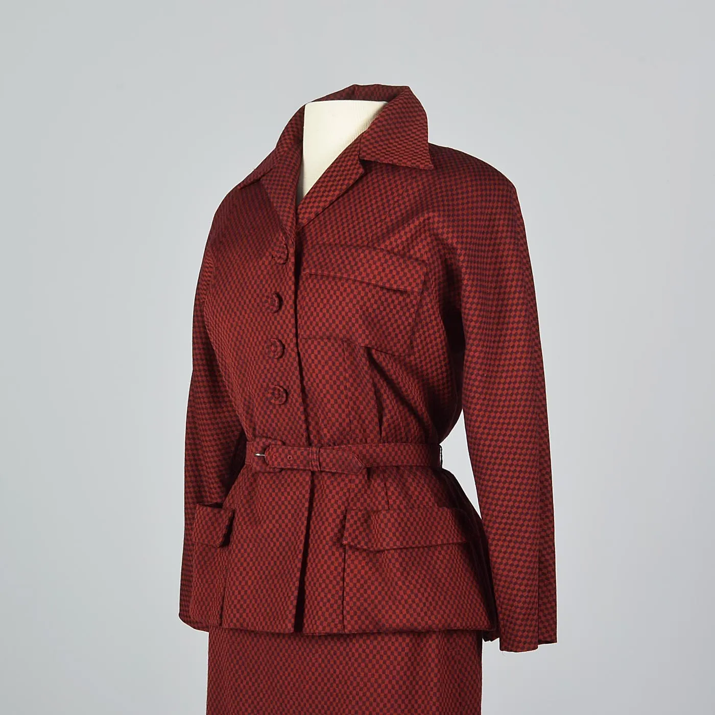 1950s Red Check Belted Skirt Suit with Pleated Back