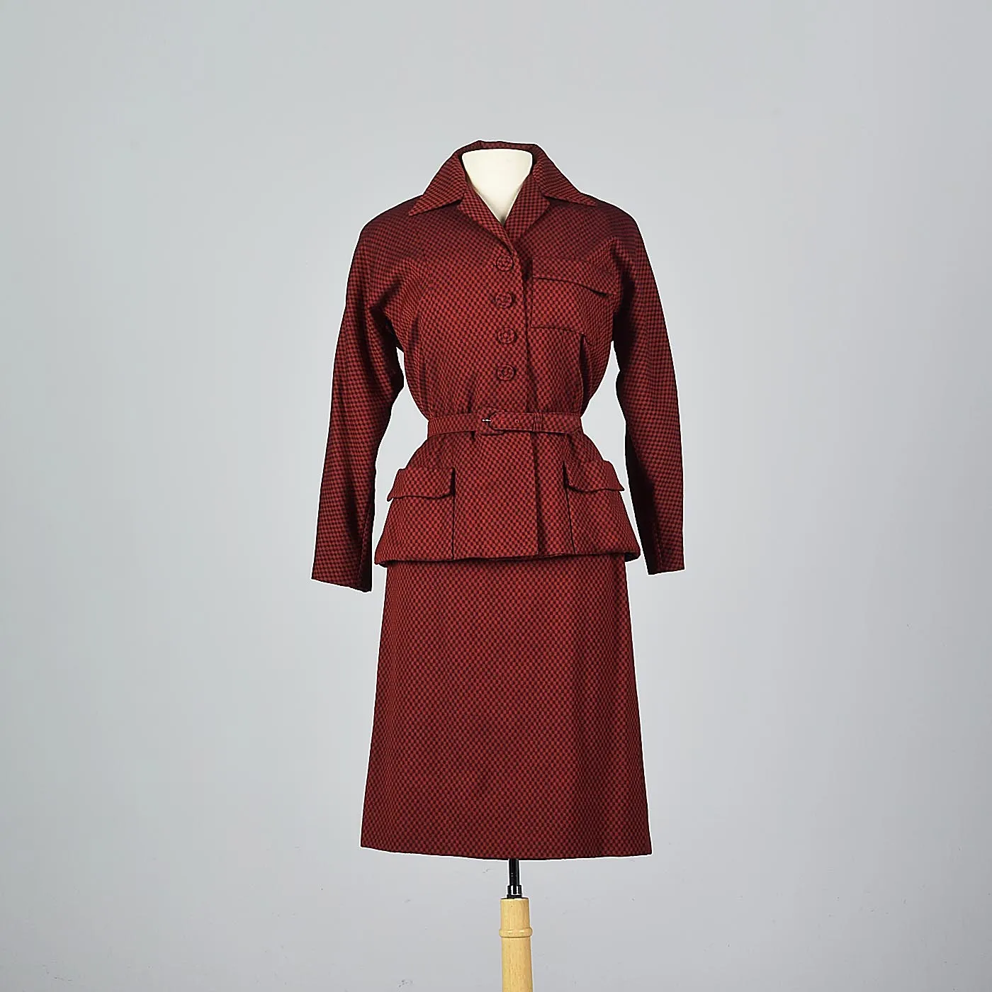 1950s Red Check Belted Skirt Suit with Pleated Back