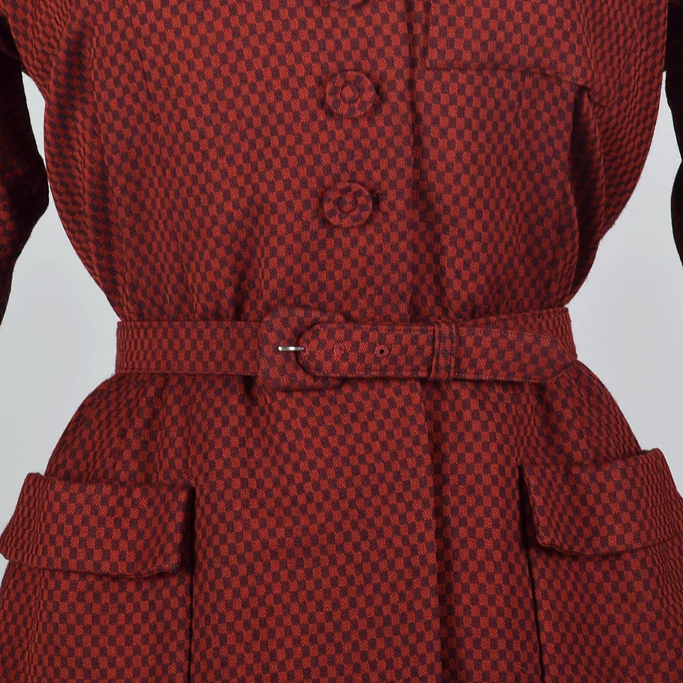 1950s Red Check Belted Skirt Suit with Pleated Back