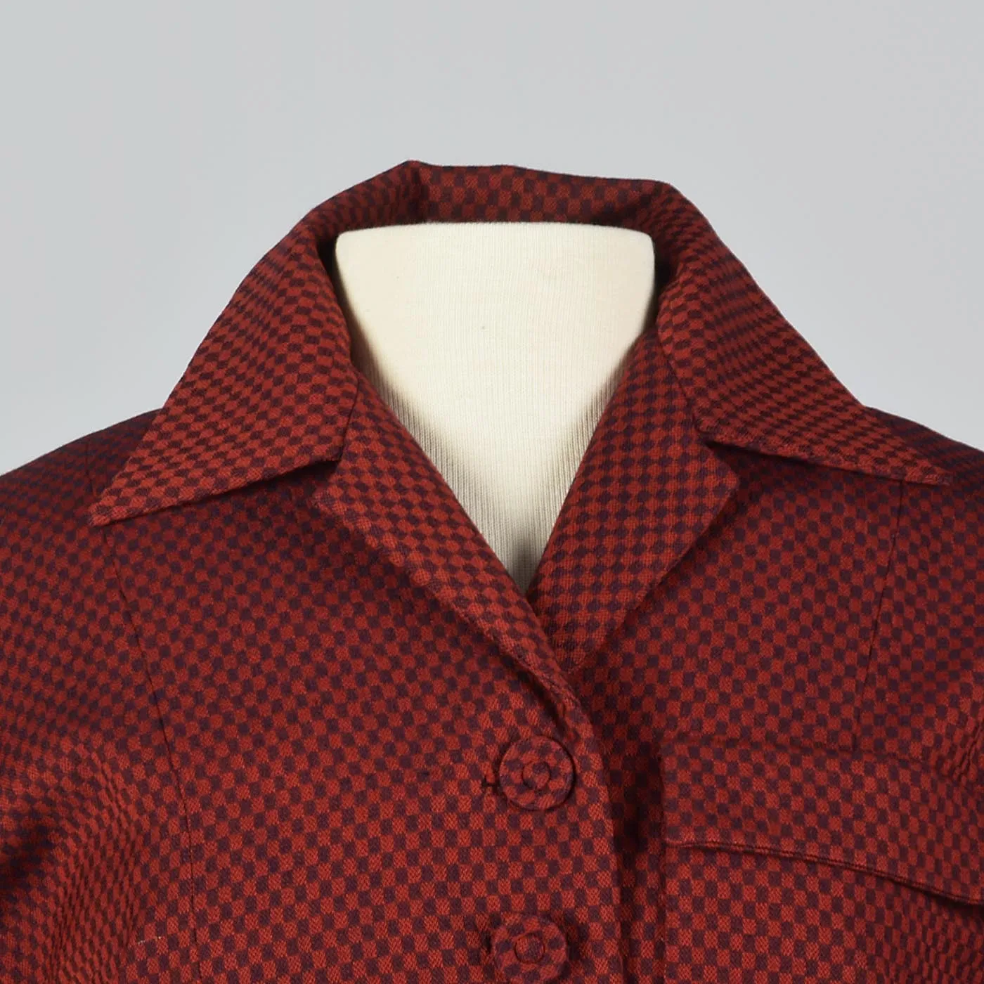 1950s Red Check Belted Skirt Suit with Pleated Back