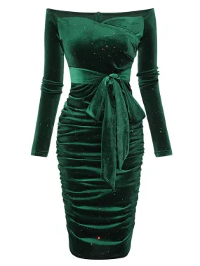 1960s Solid Off-Shoulder Velvet Dress