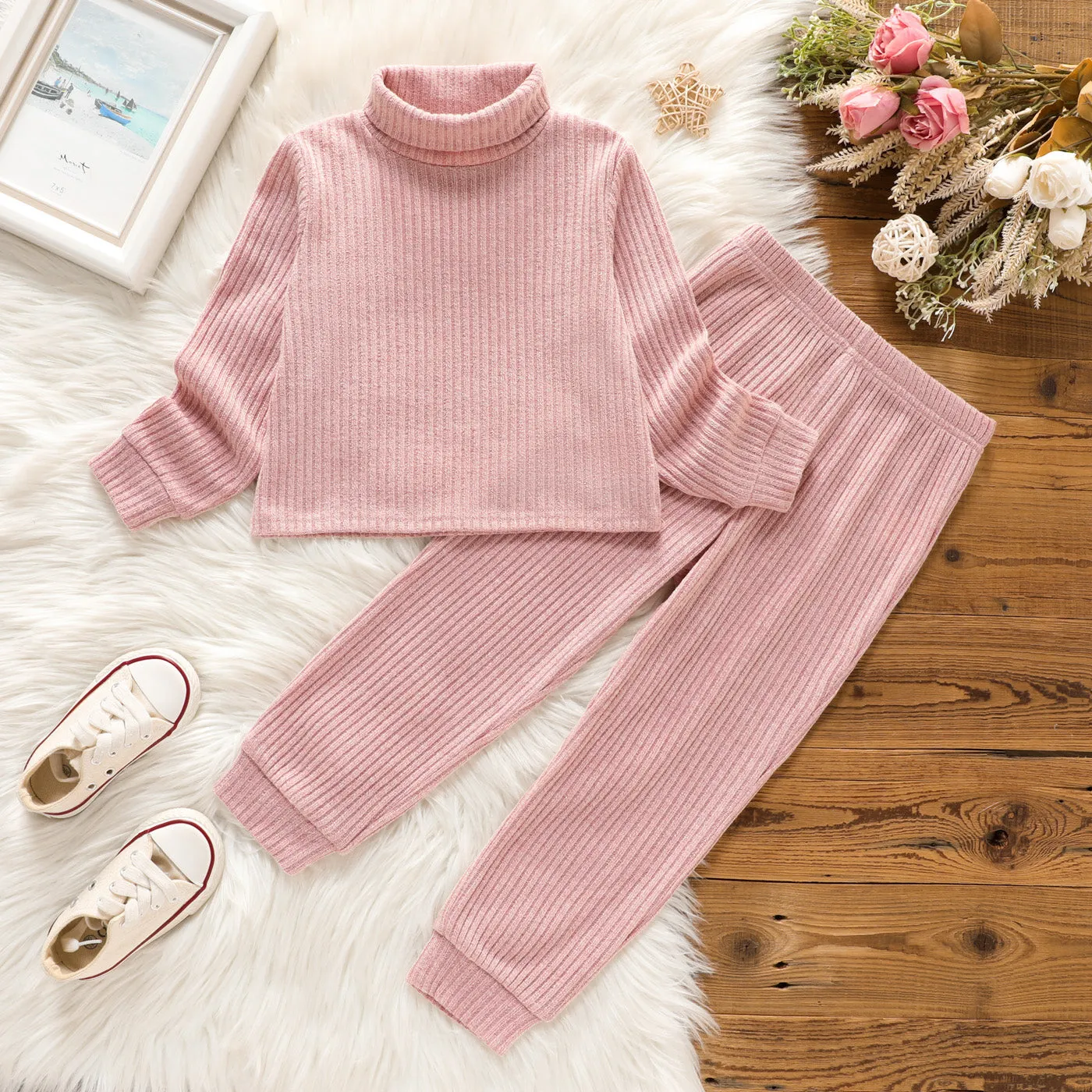 2pcs Toddler Girl Solid Color Ribbed Turtleneck Long-sleeve Tee and Elasticized Pants Set