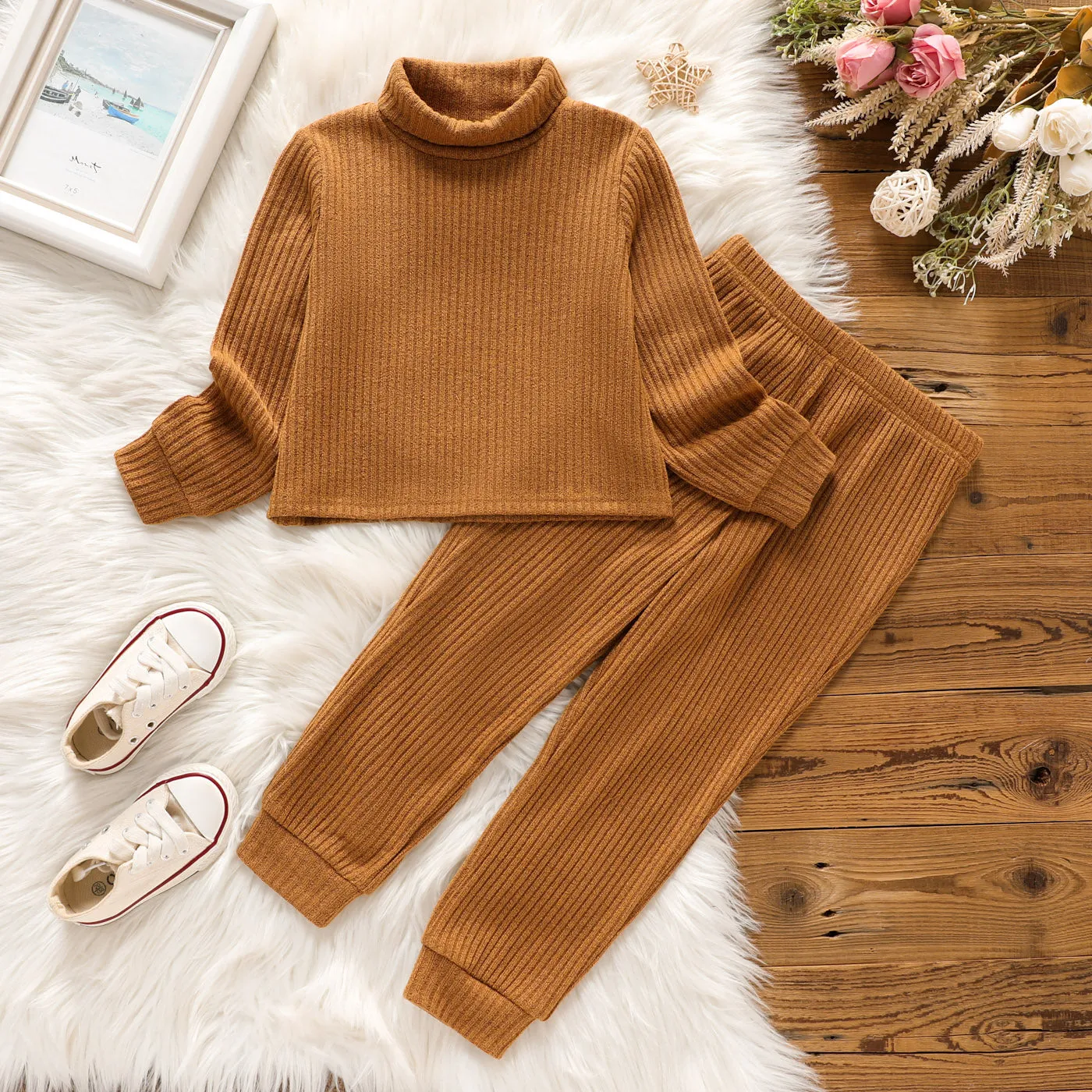 2pcs Toddler Girl Solid Color Ribbed Turtleneck Long-sleeve Tee and Elasticized Pants Set