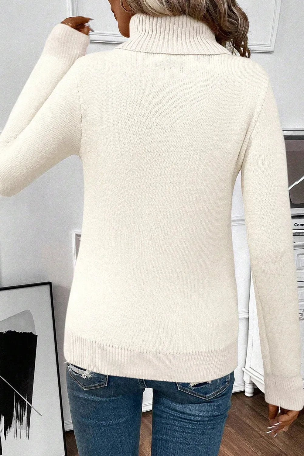 Beige Turtleneck Fleece Lined Knit Sweater