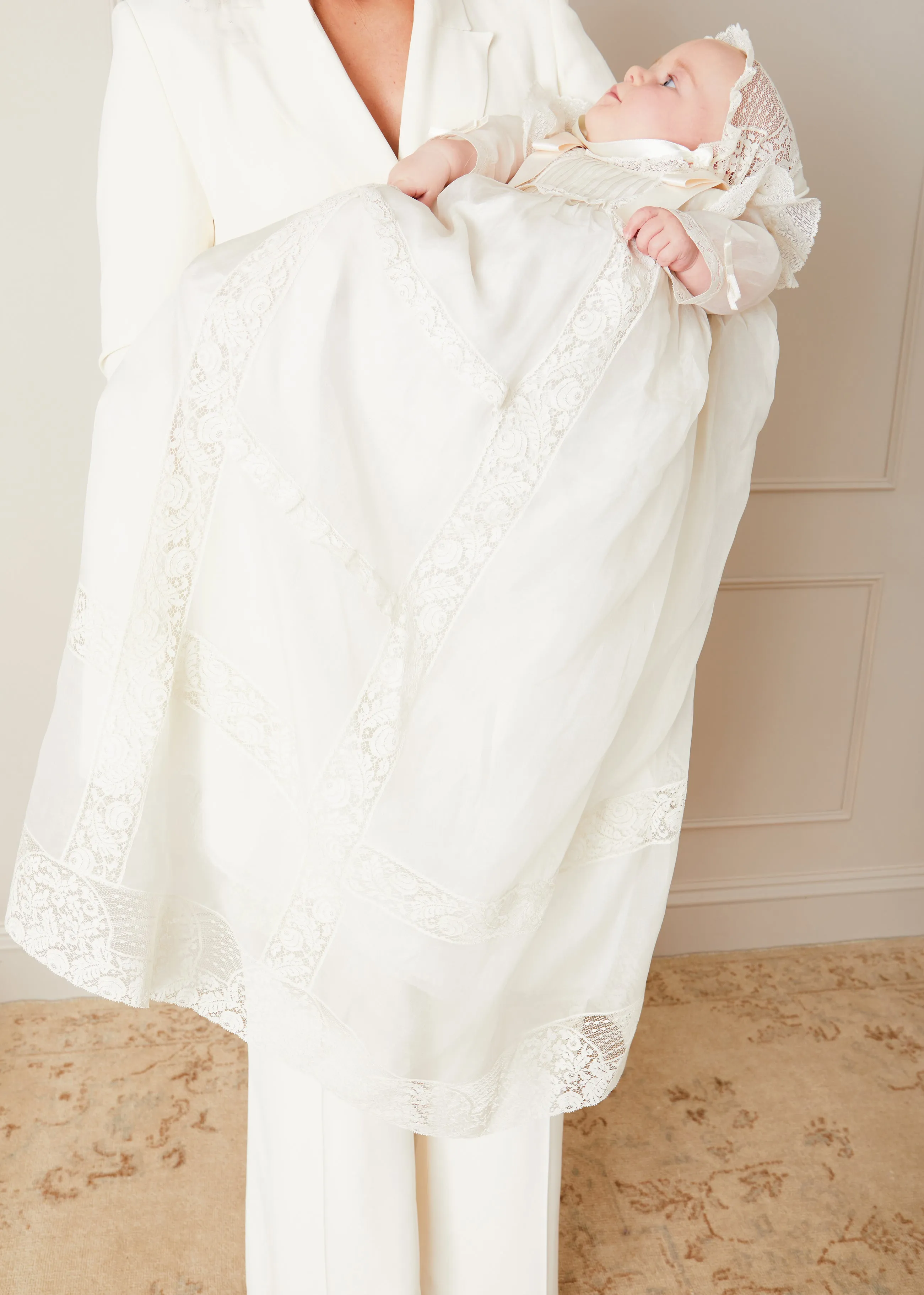 Bespoke Organza Silk Christening Gown With Antique Lace and Bonnet