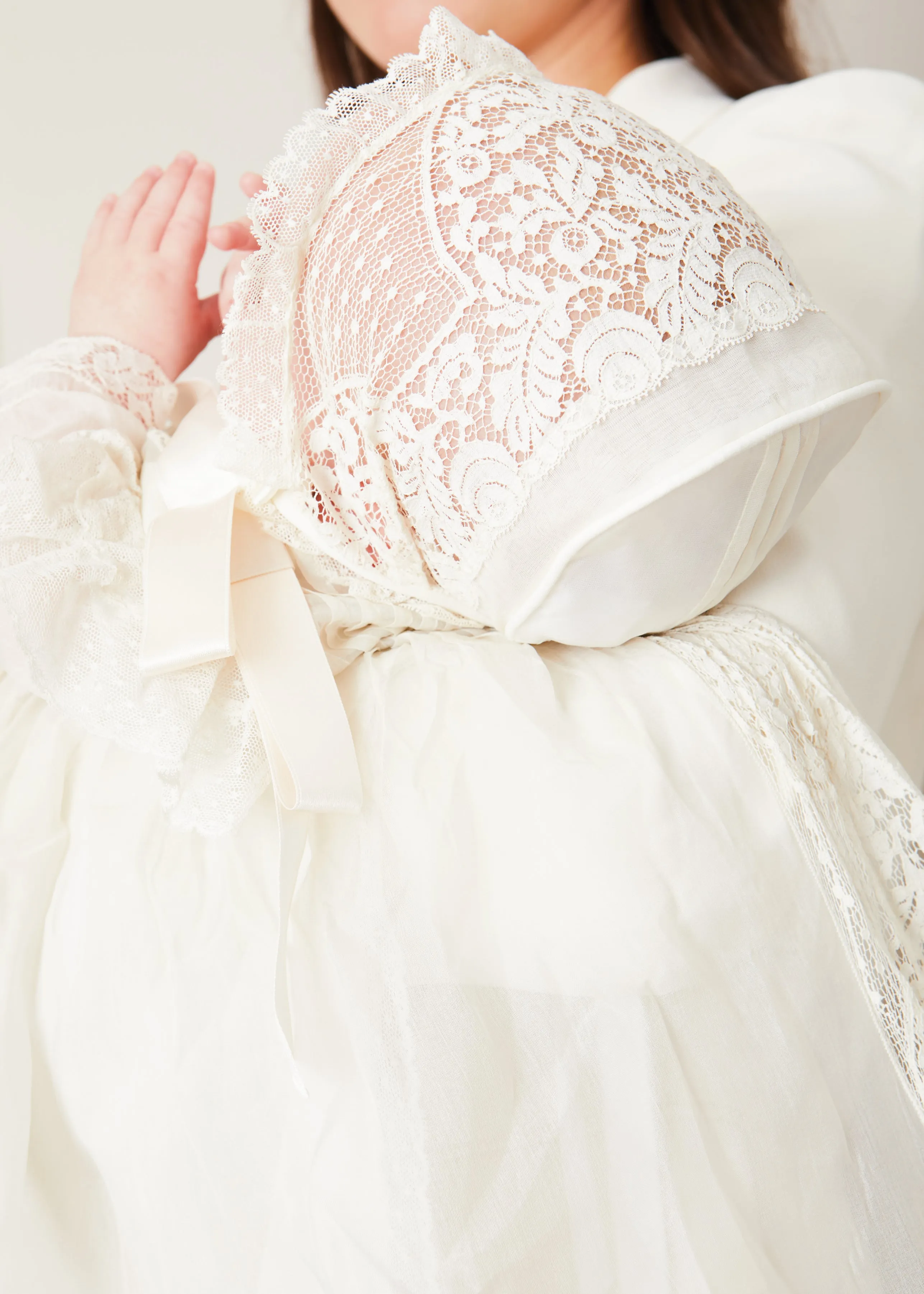 Bespoke Organza Silk Christening Gown With Antique Lace and Bonnet