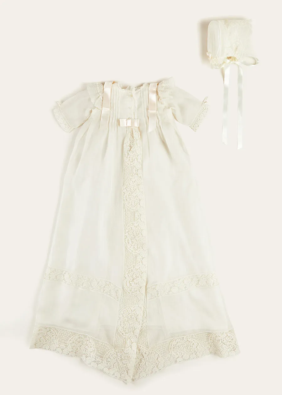 Bespoke Organza Silk Christening Gown With Antique Lace and Bonnet