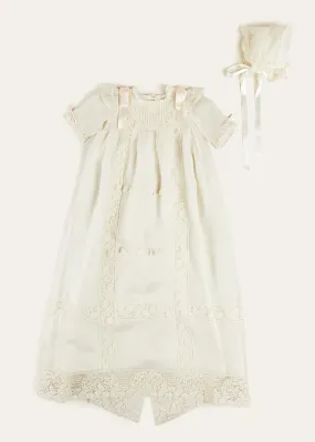 Bespoke Organza Silk Christening Gown With Antique Lace and Bonnet