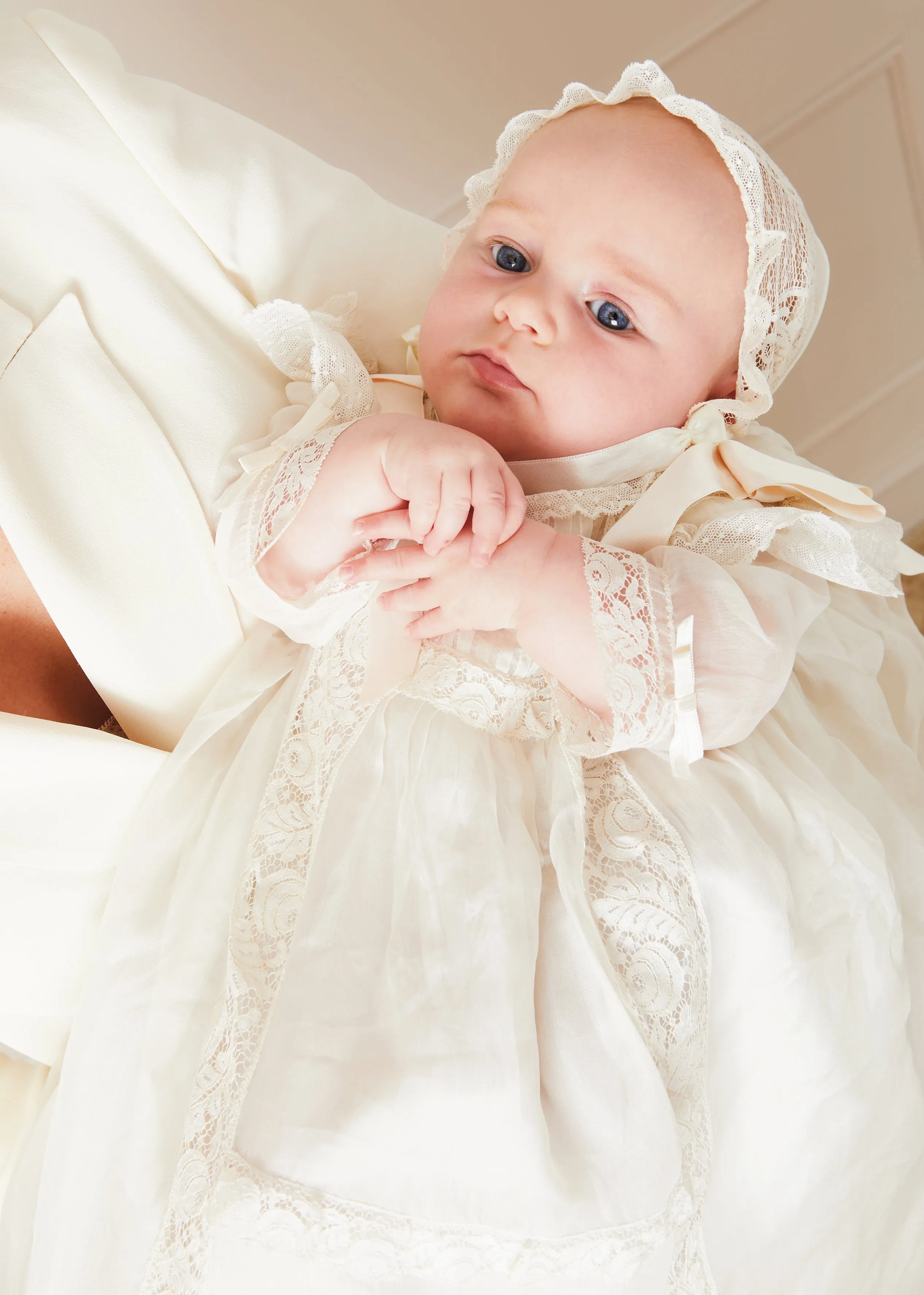 Bespoke Organza Silk Christening Gown With Antique Lace and Bonnet