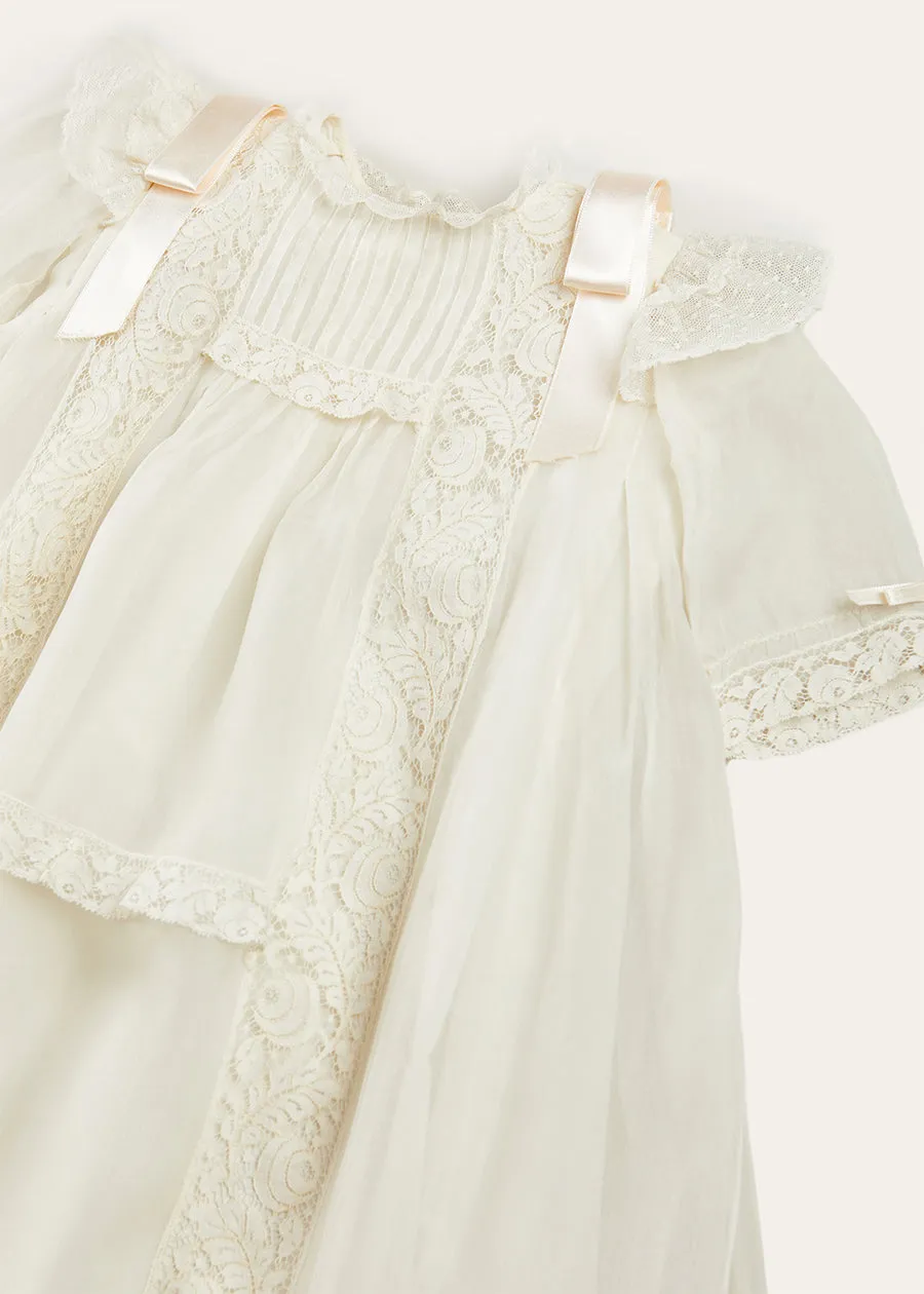 Bespoke Organza Silk Christening Gown With Antique Lace and Bonnet