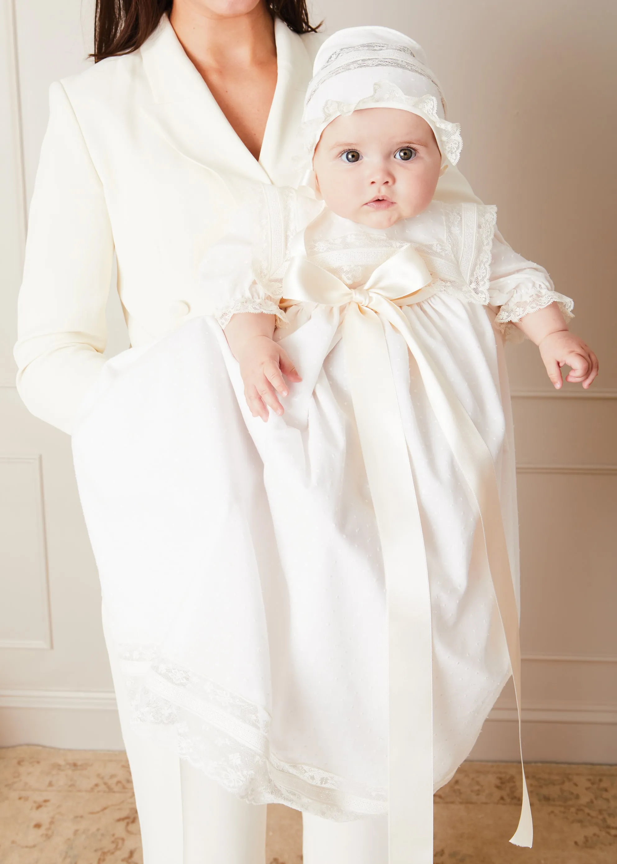 Bespoke Traditional Christening Gown with Front Satin Sash and Bonnet