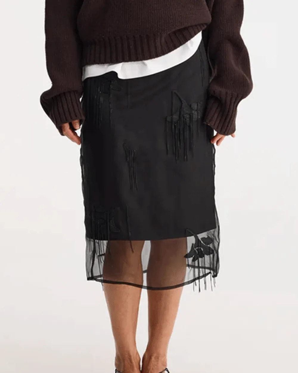 Black Embellished Tulip Organza Skirt