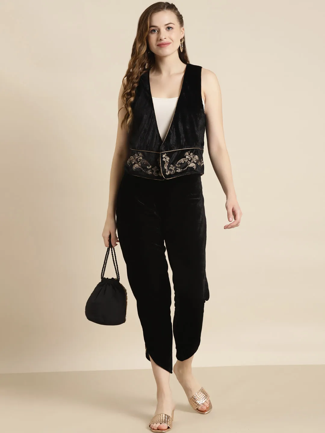 Black Embroidered Velvet Waistcoat