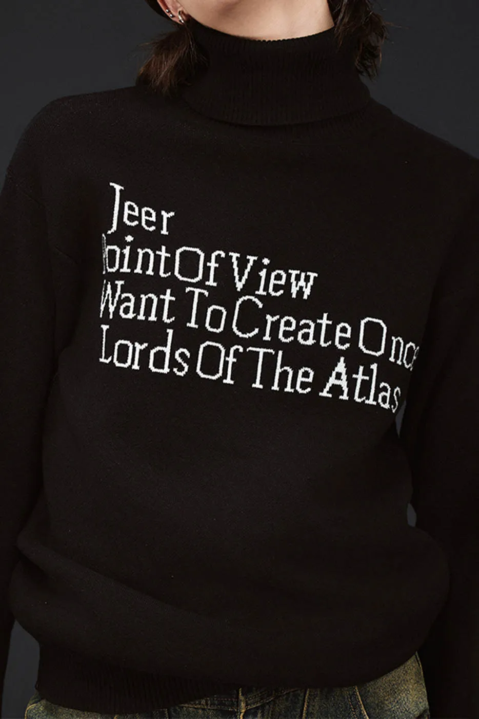 Black Text Turtleneck Sweater