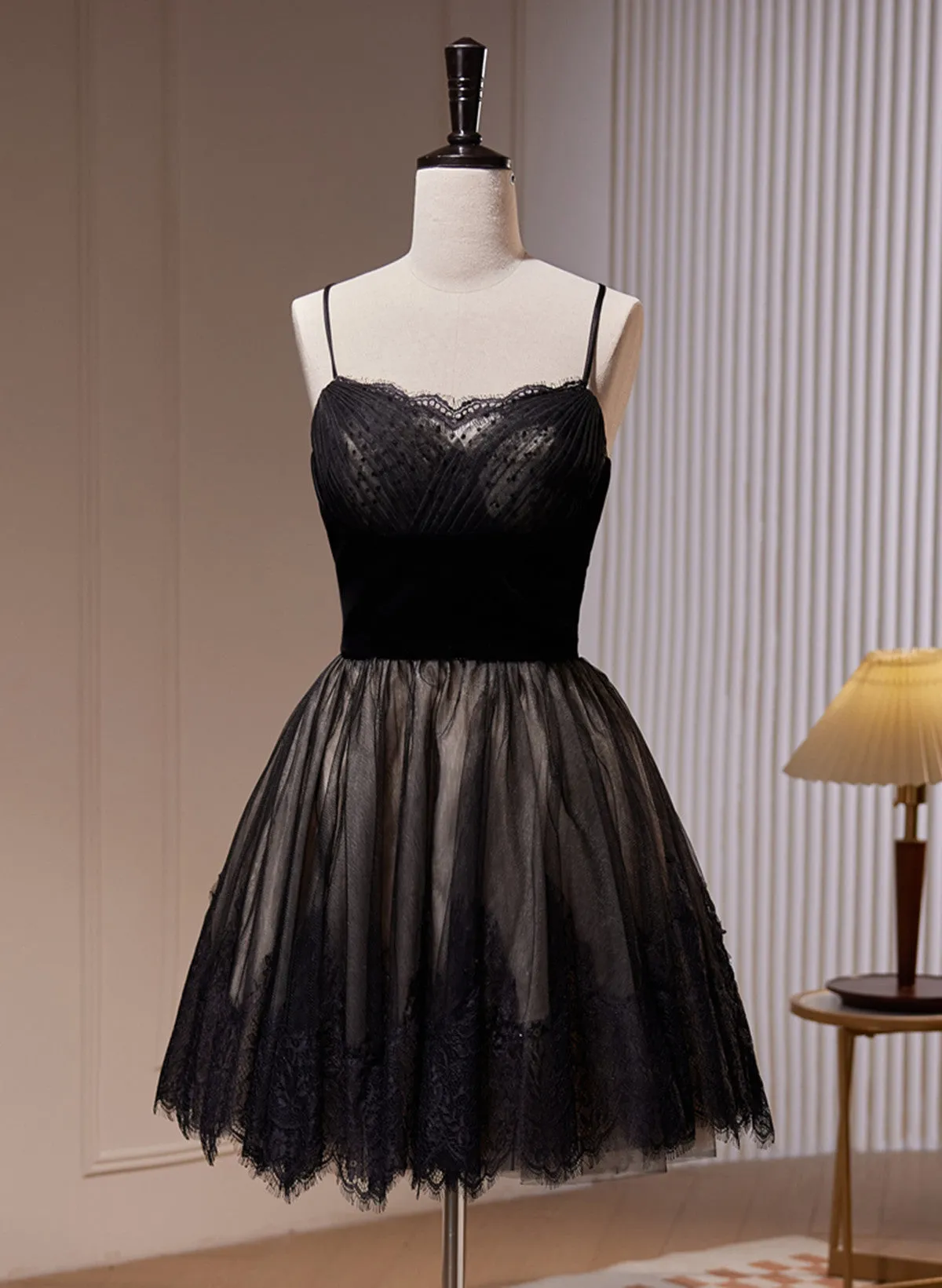 Black Tulle and Lace Straps Short Party Dress, Black Homecoming Dress