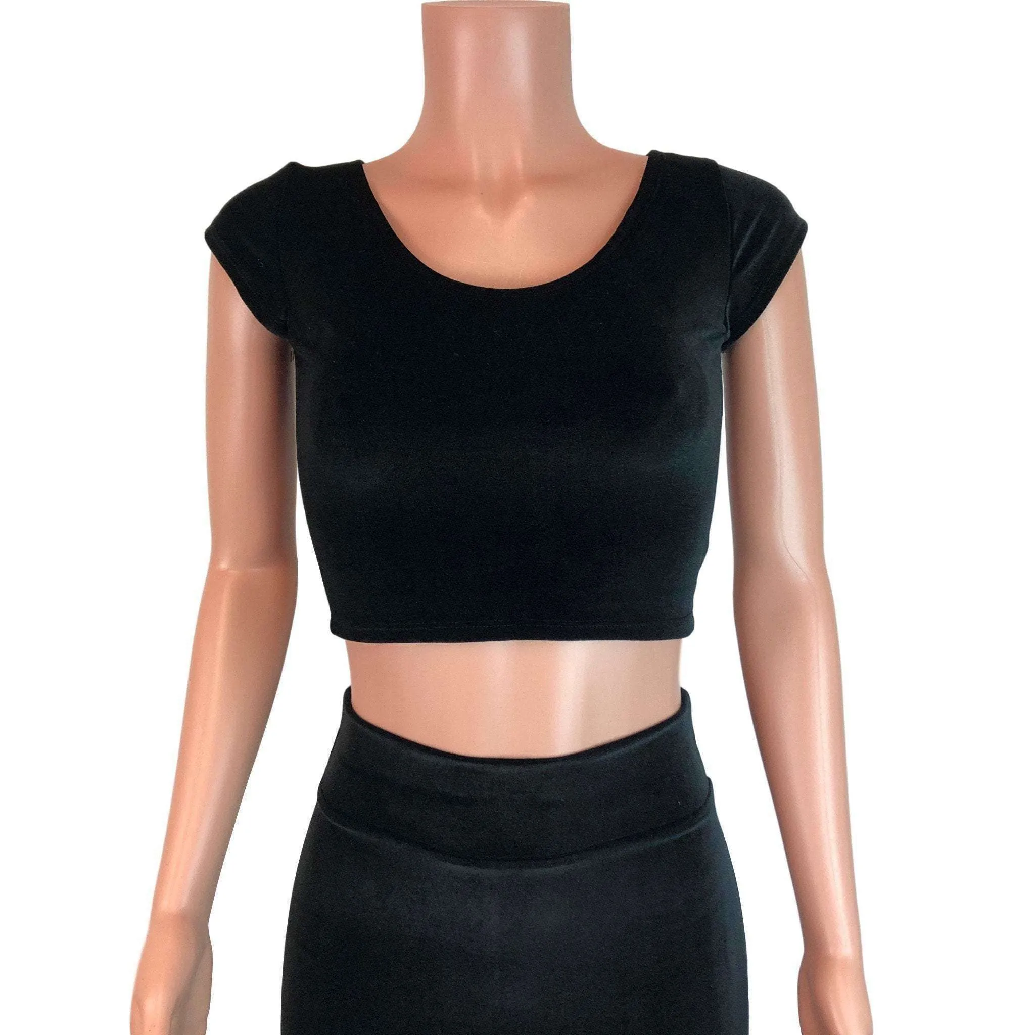 Black Velvet Morticia Outfit - Mermaid Long Fit n Flare Skirt and Cap Sleeve Crop Top