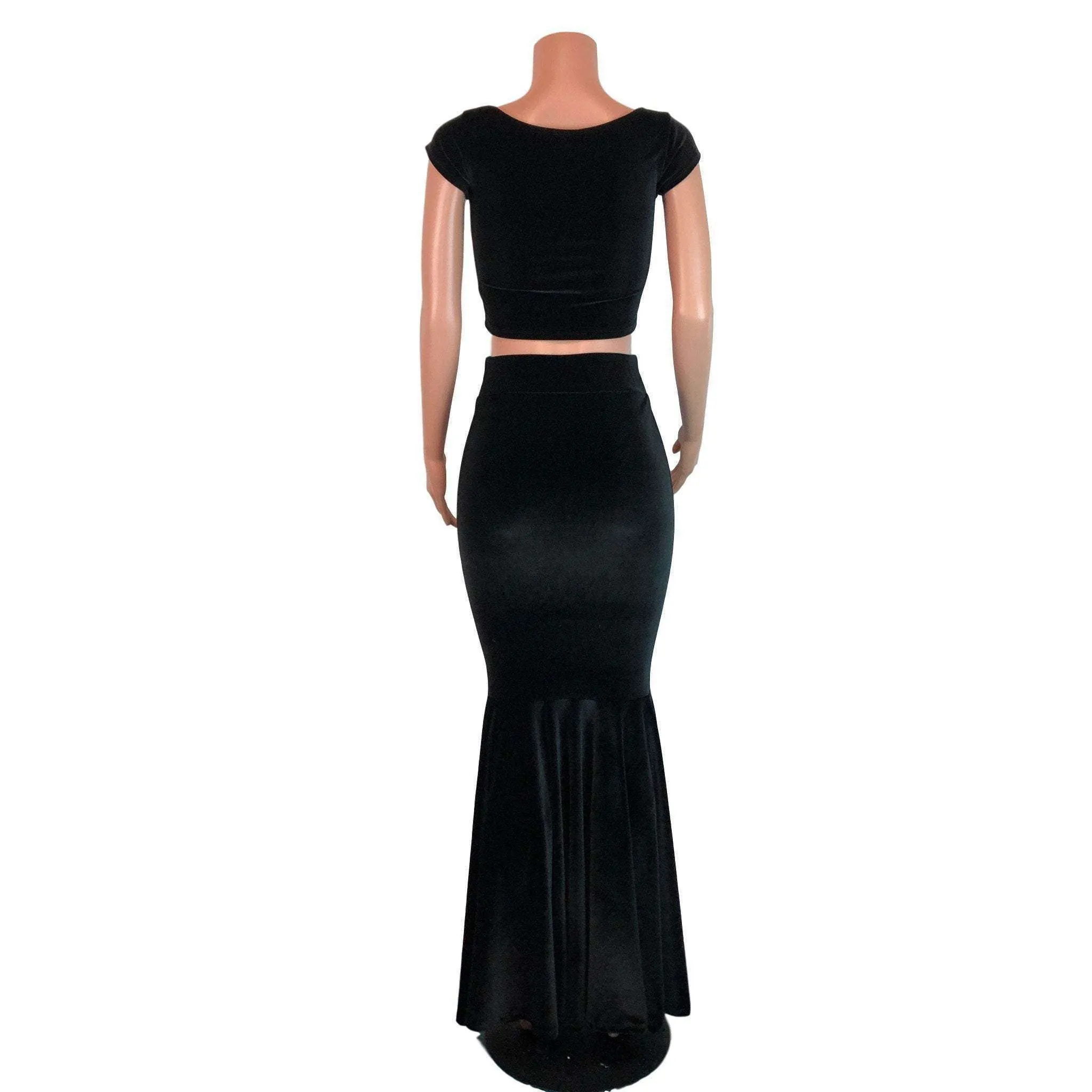 Black Velvet Morticia Outfit - Mermaid Long Fit n Flare Skirt and Cap Sleeve Crop Top