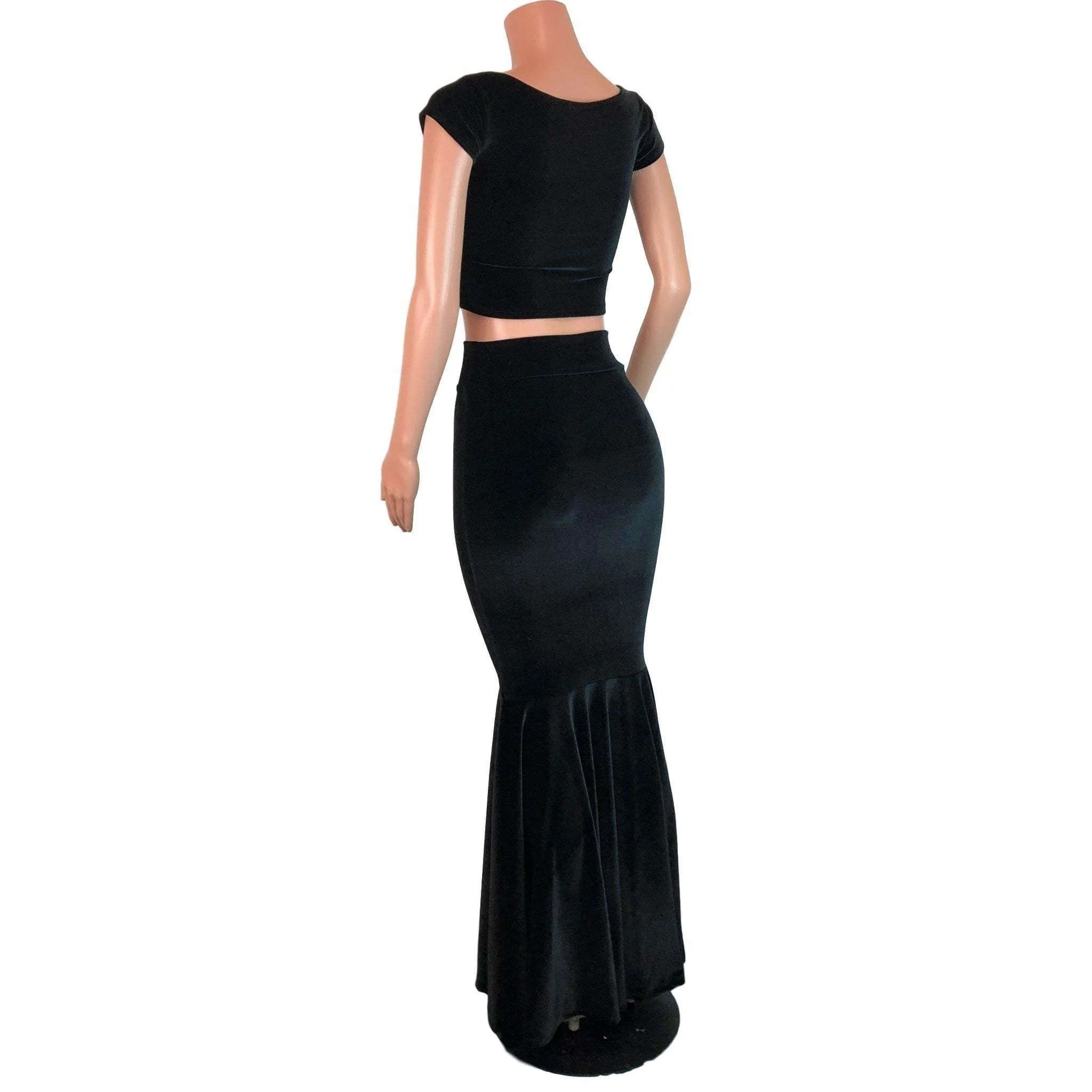 Black Velvet Morticia Outfit - Mermaid Long Fit n Flare Skirt and Cap Sleeve Crop Top