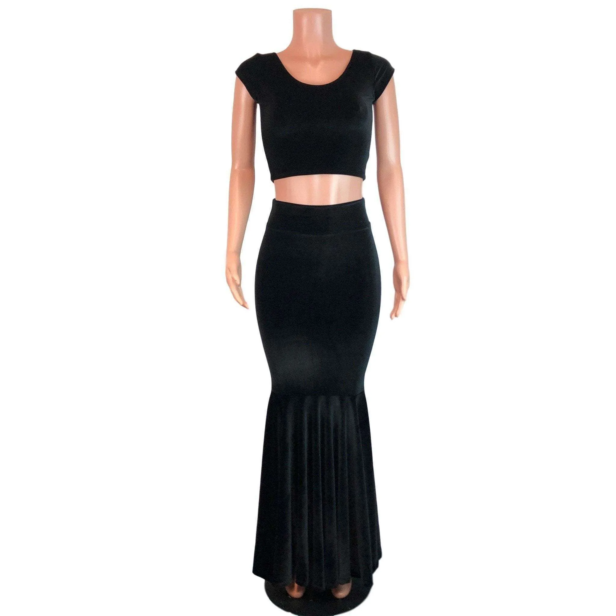 Black Velvet Morticia Outfit - Mermaid Long Fit n Flare Skirt and Cap Sleeve Crop Top