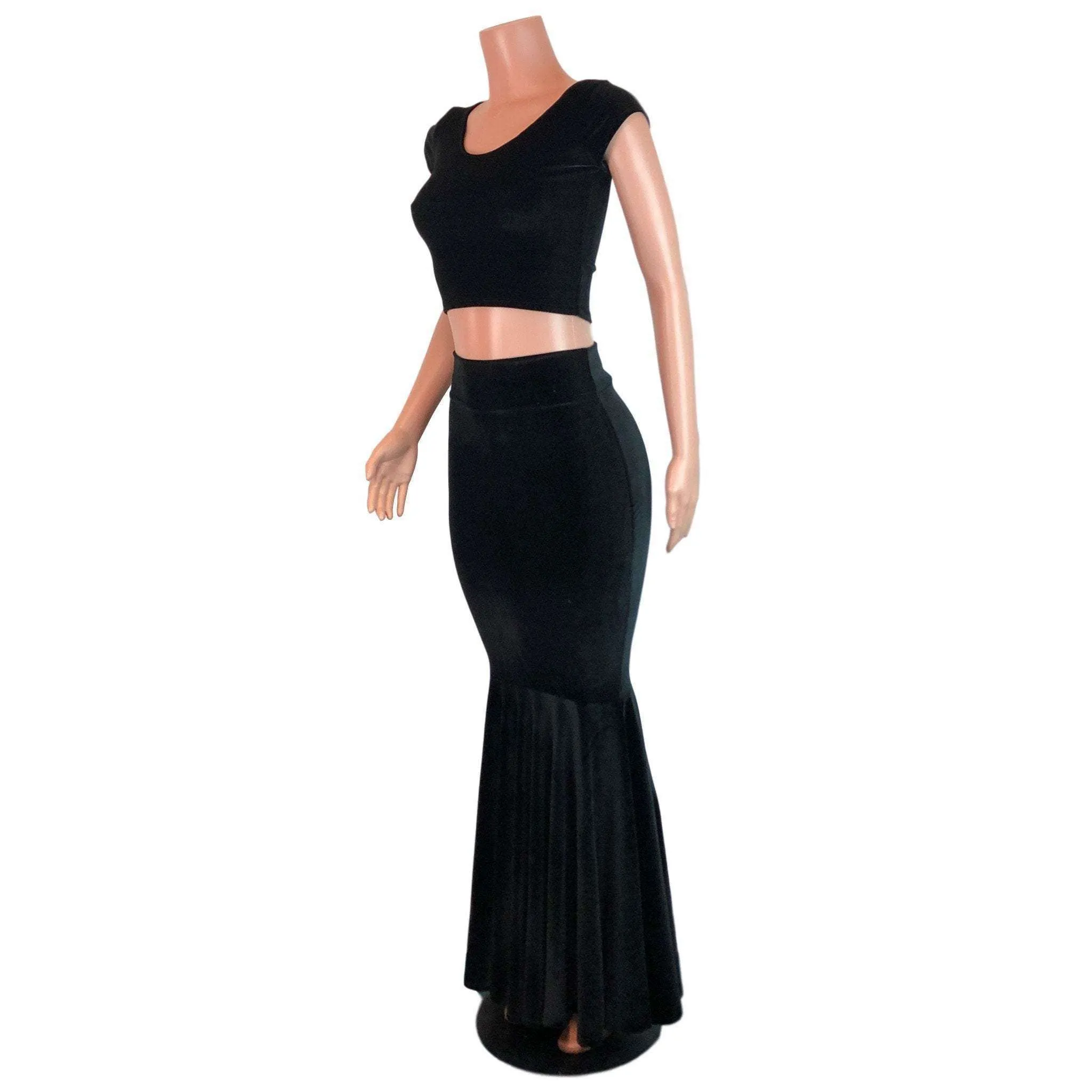 Black Velvet Morticia Outfit - Mermaid Long Fit n Flare Skirt and Cap Sleeve Crop Top