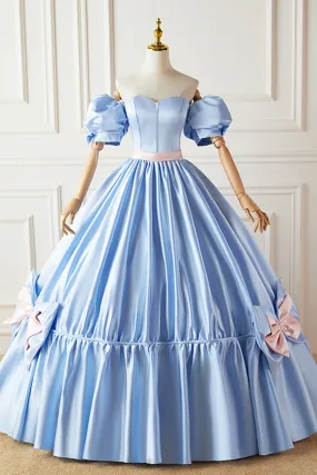 Blue Satin Long Princess Dress, Lovely Short Sleeve Ball Gown Sweet 16 Dress