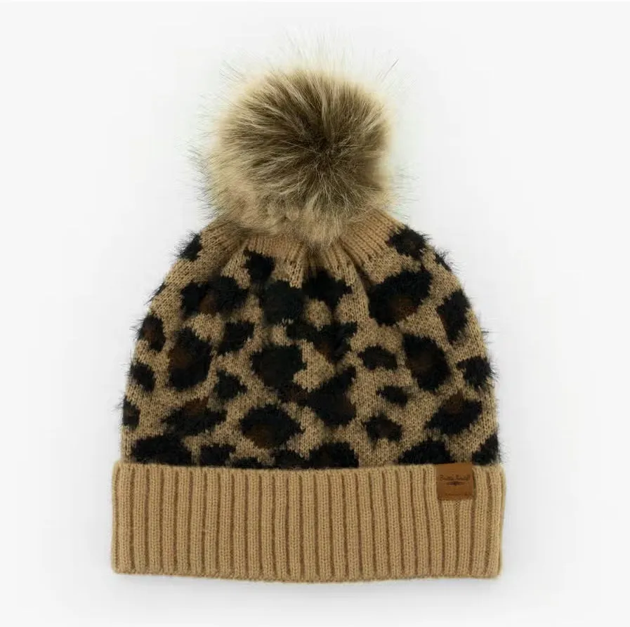 Britt's Knits Tan Leopard Print Knit Hat With Vegan Pom