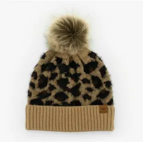 Britt's Knits Tan Leopard Print Knit Hat With Vegan Pom