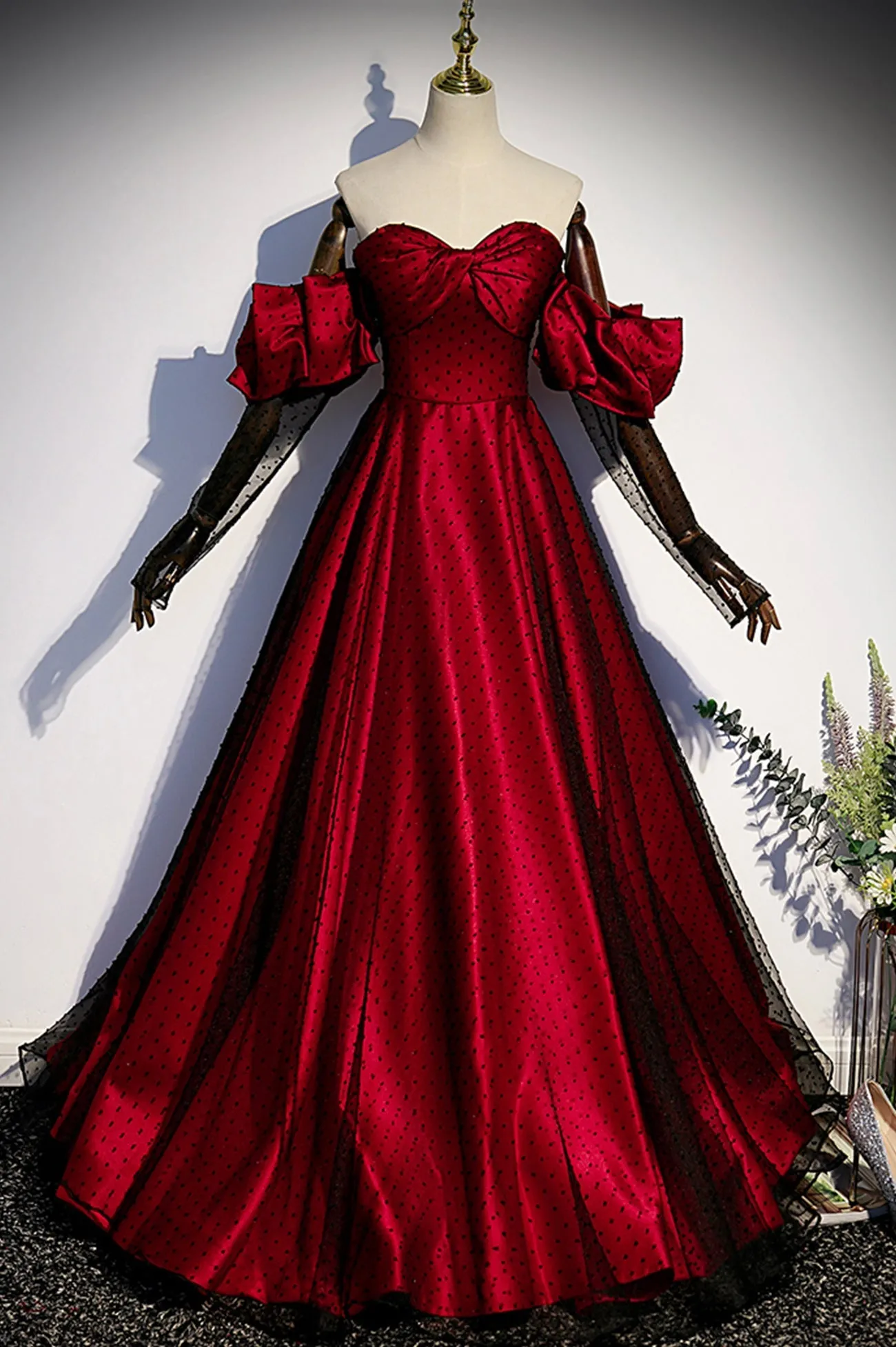 Burgundy Satin Tulle Long Prom Dress, Off the Shoulder Formal Evening Dress