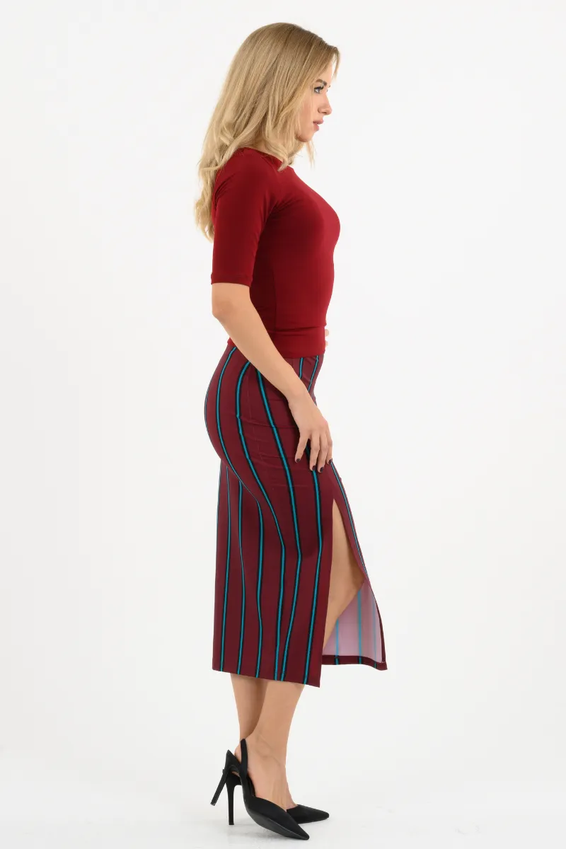 Burgundy Striped Pencil Skirt