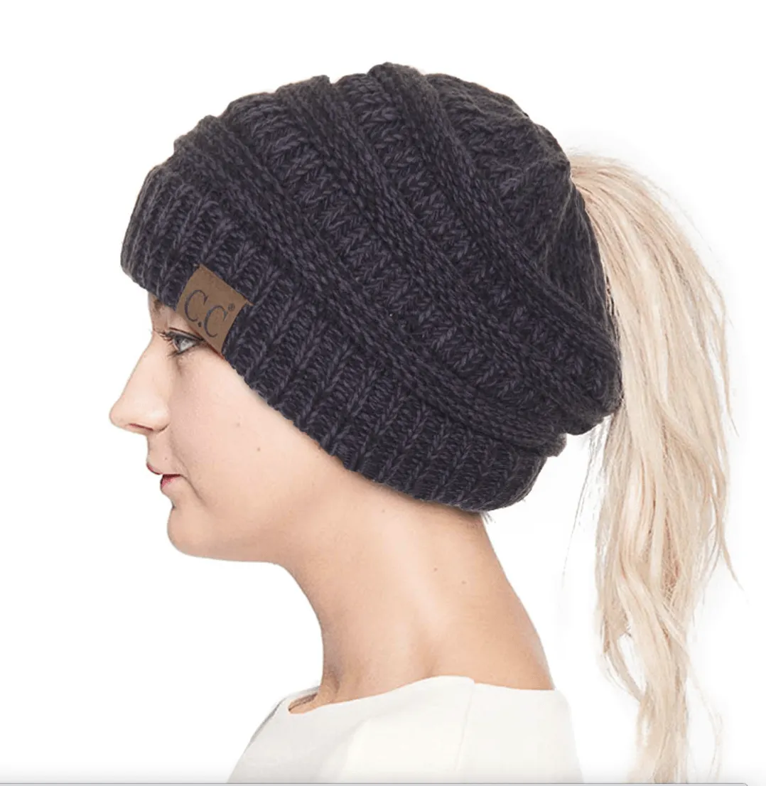 C.C MIX COLOR KNIT PONYTAIL MESSY BUN BEANIE HAT-MB-6242