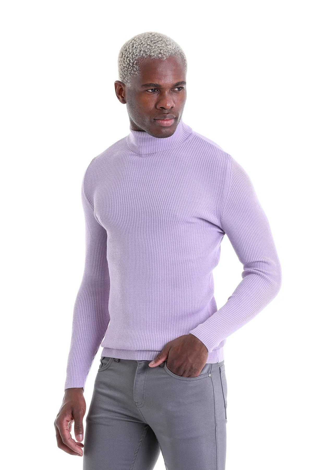 Comfort Fit Wool Blend Lilac Turtleneck Sweater