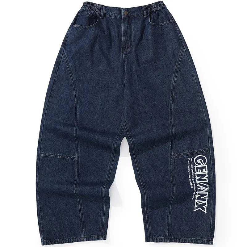 Dark Blue Logo Print Loose Straight Denim Jeans