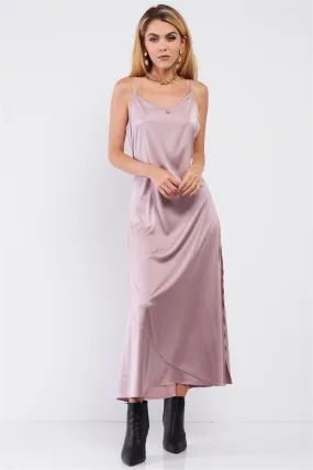 Dusty Mauve Satin Sleeveless Soft V-Neck Side Slip Midi Dress /1-1-1-1