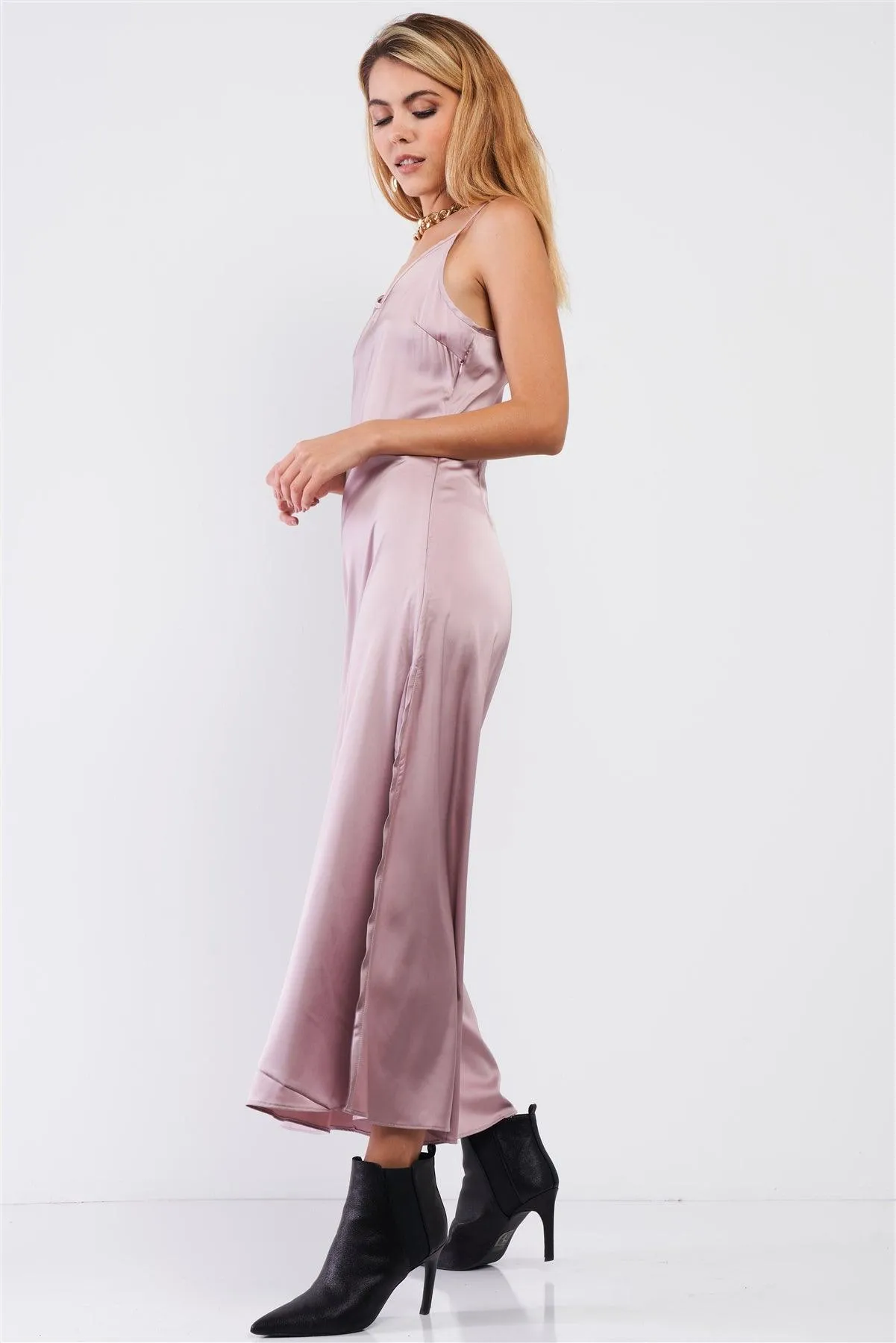 Dusty Mauve Satin Sleeveless Soft V-Neck Side Slip Midi Dress /1-1-1-1