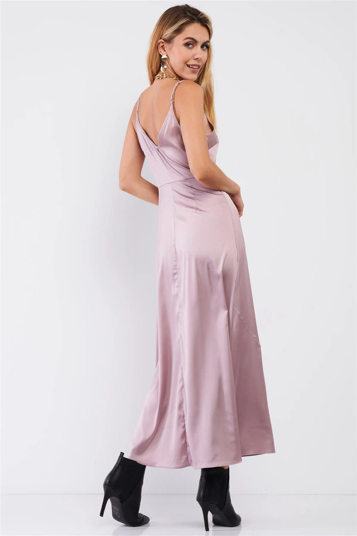 Dusty Mauve Satin Sleeveless Soft V-Neck Side Slip Midi Dress /1-1-1-1