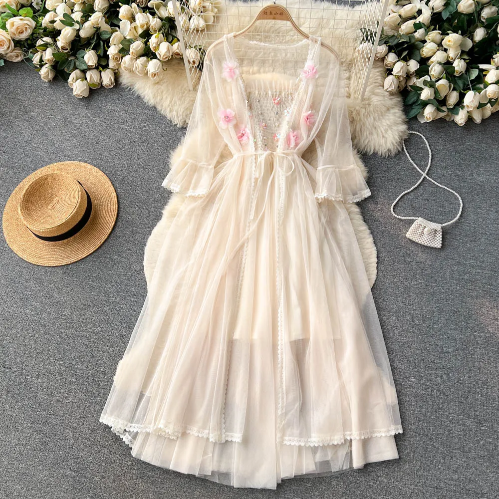 Fairy 3d Flower Mesh Cardigan&Dress 2Pcs