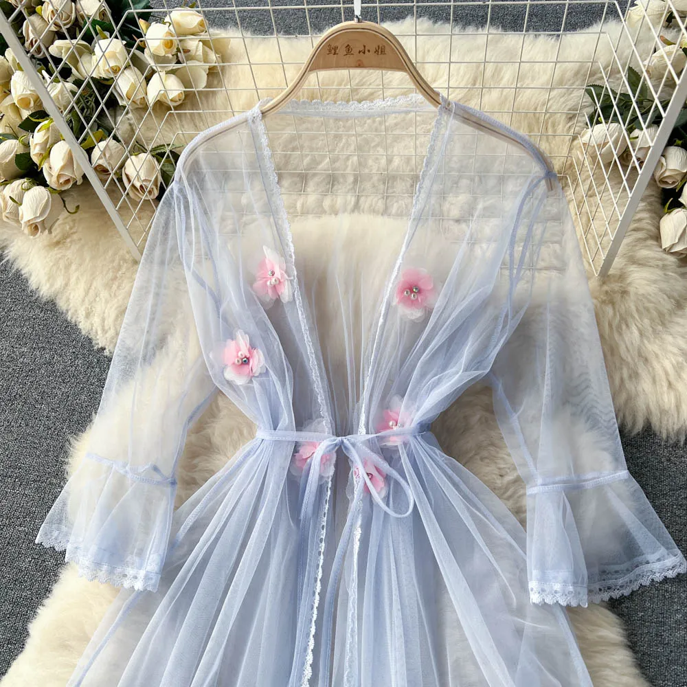 Fairy 3d Flower Mesh Cardigan&Dress 2Pcs