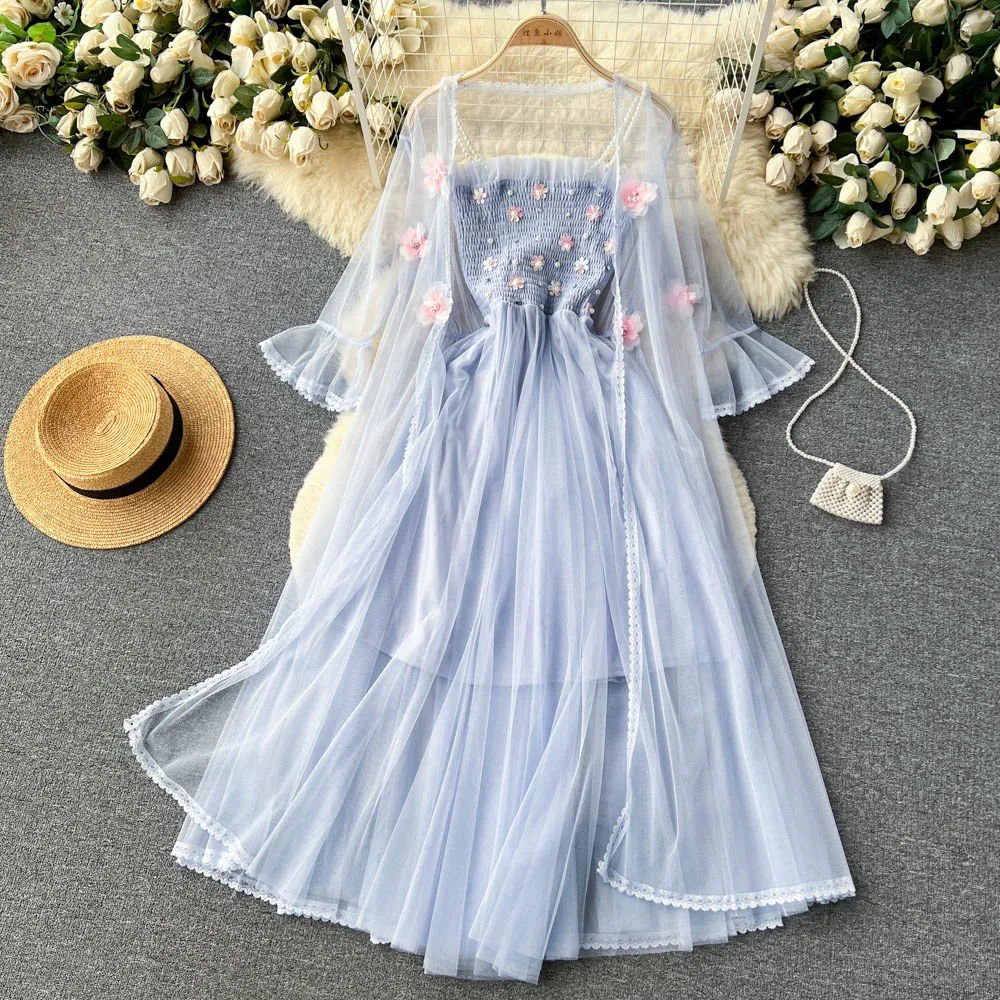 Fairy 3d Flower Mesh Cardigan&Dress 2Pcs