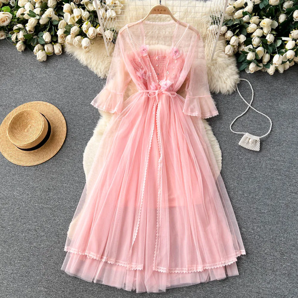 Fairy 3d Flower Mesh Cardigan&Dress 2Pcs