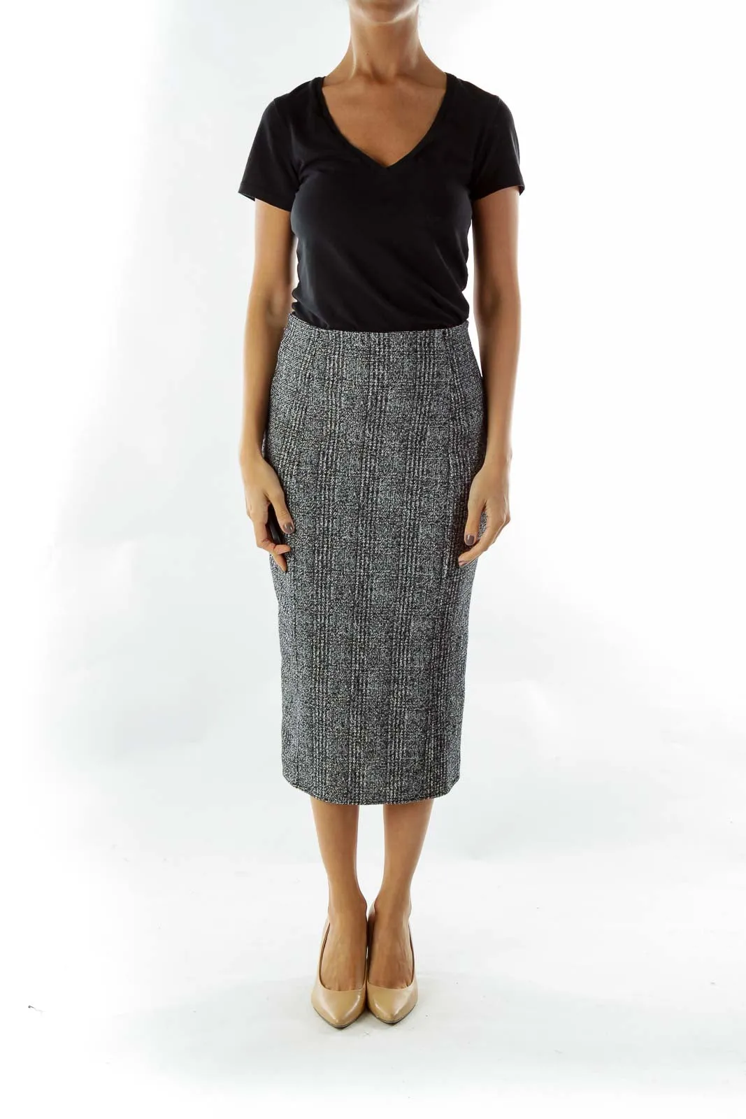 Gray Plaid Midi Pencil Skirt