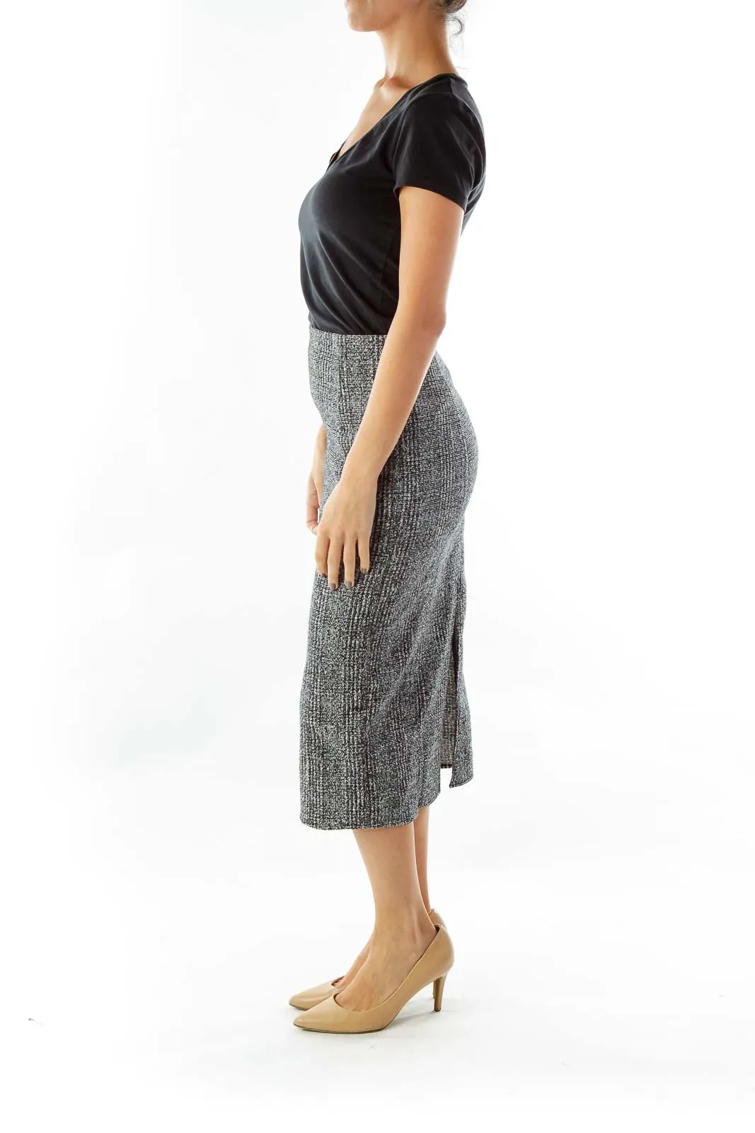 Gray Plaid Midi Pencil Skirt