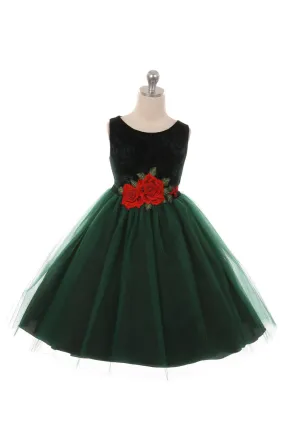 Green KD396  Velvet Rose Patch Girl Dress Plus Size Girl Dress