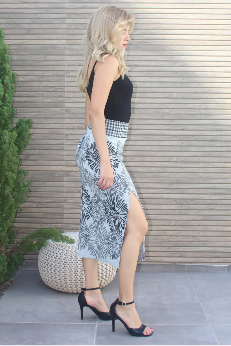 Grey Floral Print Pencil Skirt