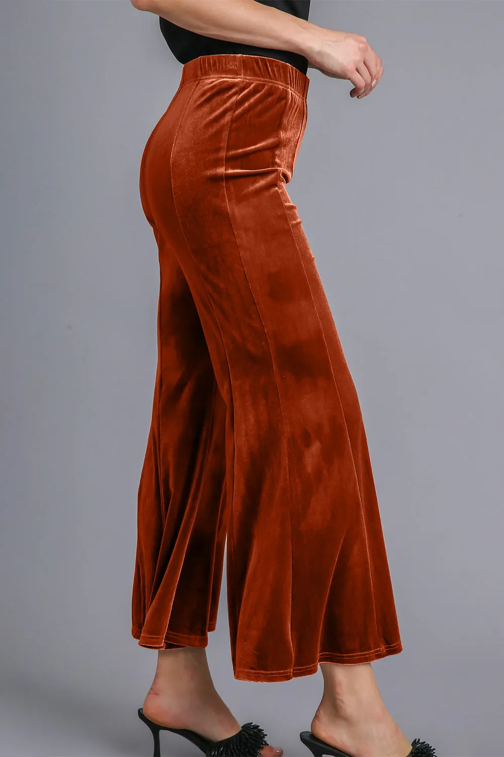 High Rise Elastic Waist Velvet Flare Pants in Terracotta