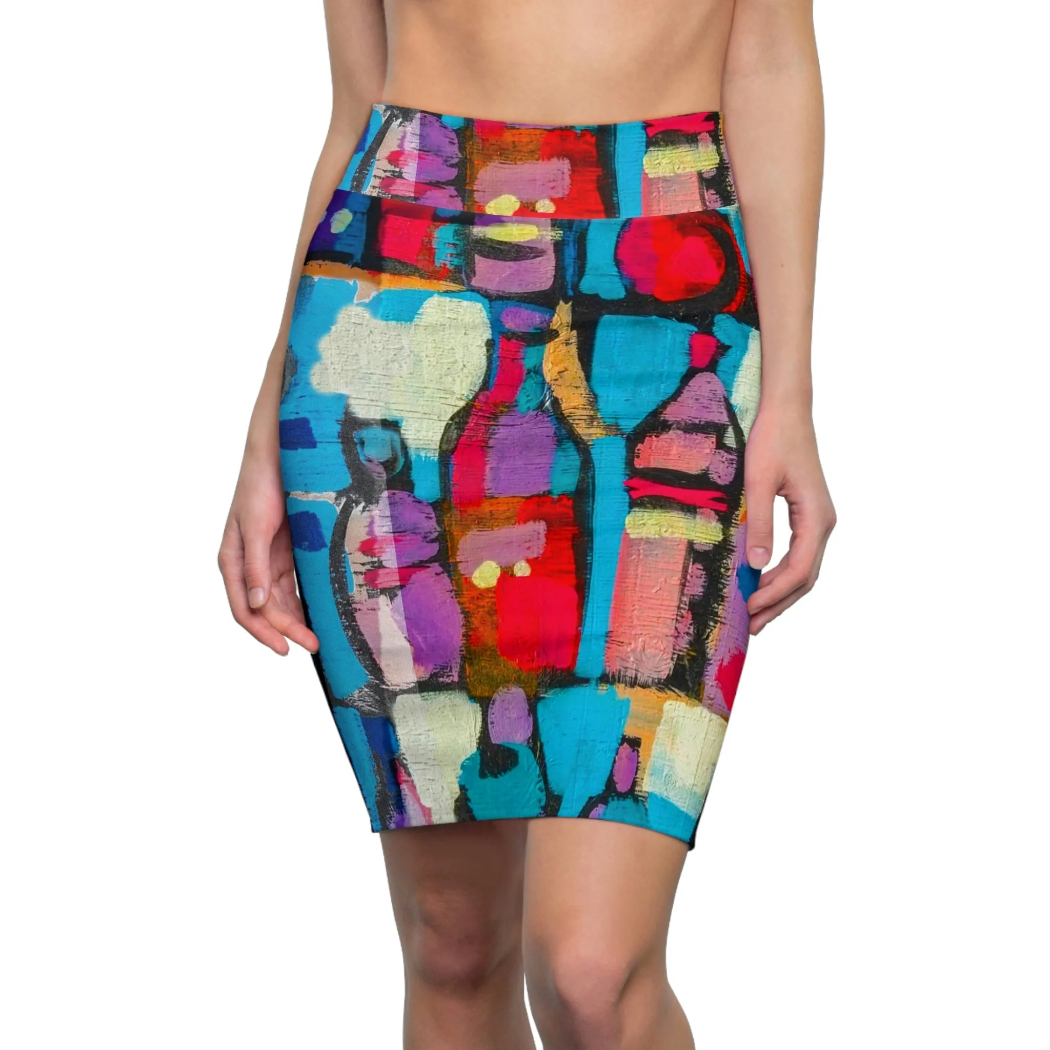 High Waist Womens Pencil Skirt - Contour Stretch, Sutileza Smooth Colorful Abstract Print by inQue.Style