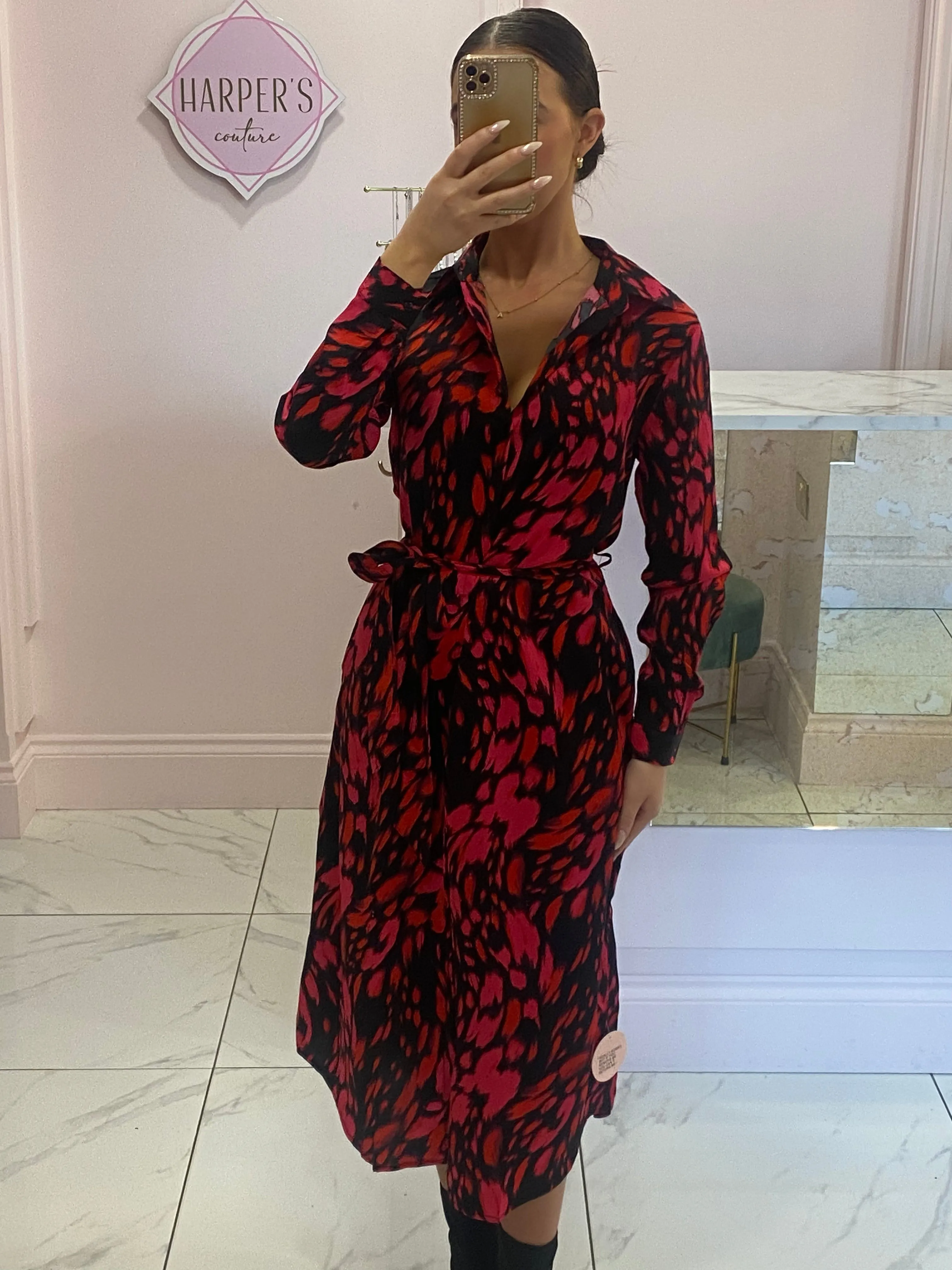 Julie Black, Pink & Red Print Midi Shirt Dress