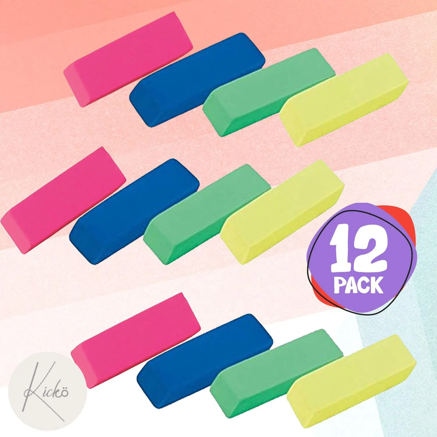 Kicko Neon Bevel Eraser - 12 Pack - Jumbo Classic Rectangular Shaped Eraser - for Party