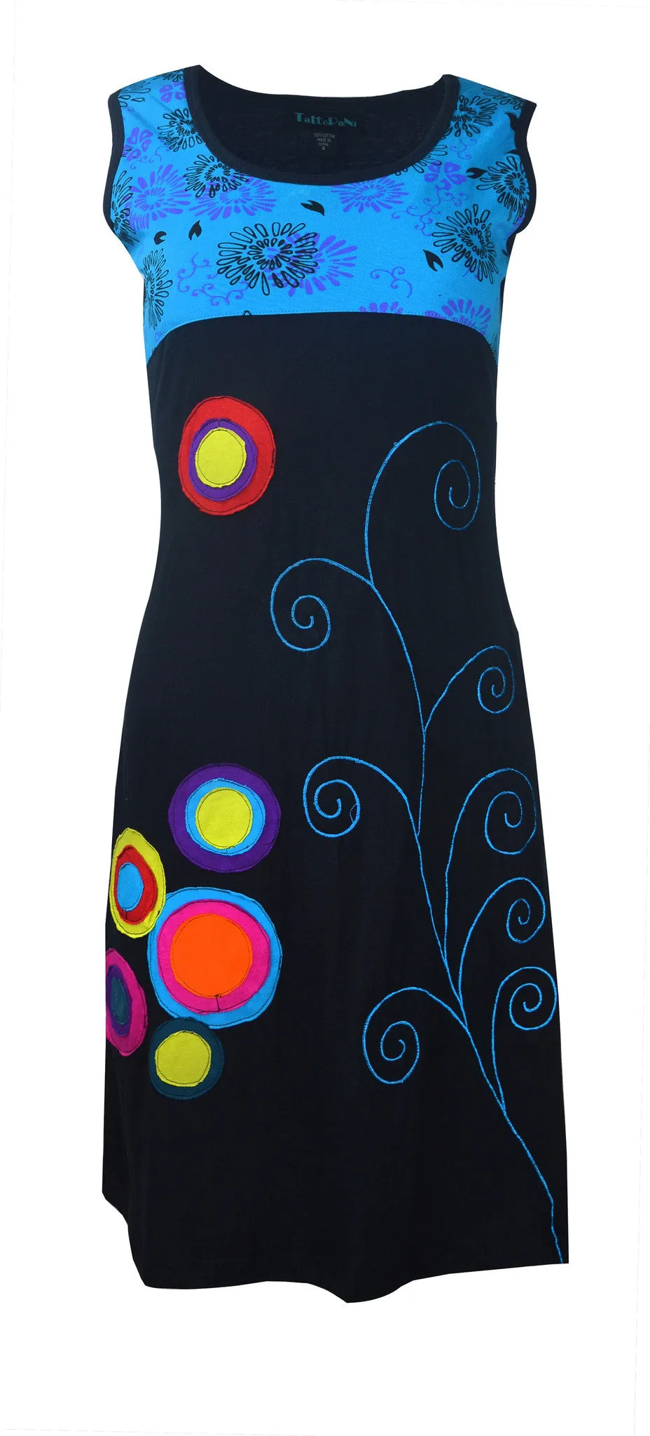 ladies-multicolored-sleevless-spiral-embroidery-and-patch-dress-blue-poppydrs3003