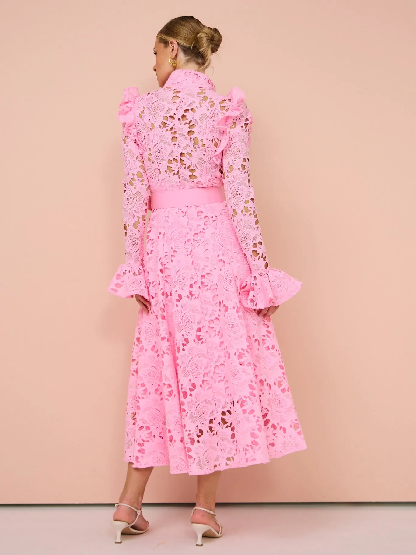 Leo Lin Aliyah Lace Butterfly Sleeve Midi Dress in Candy Pink